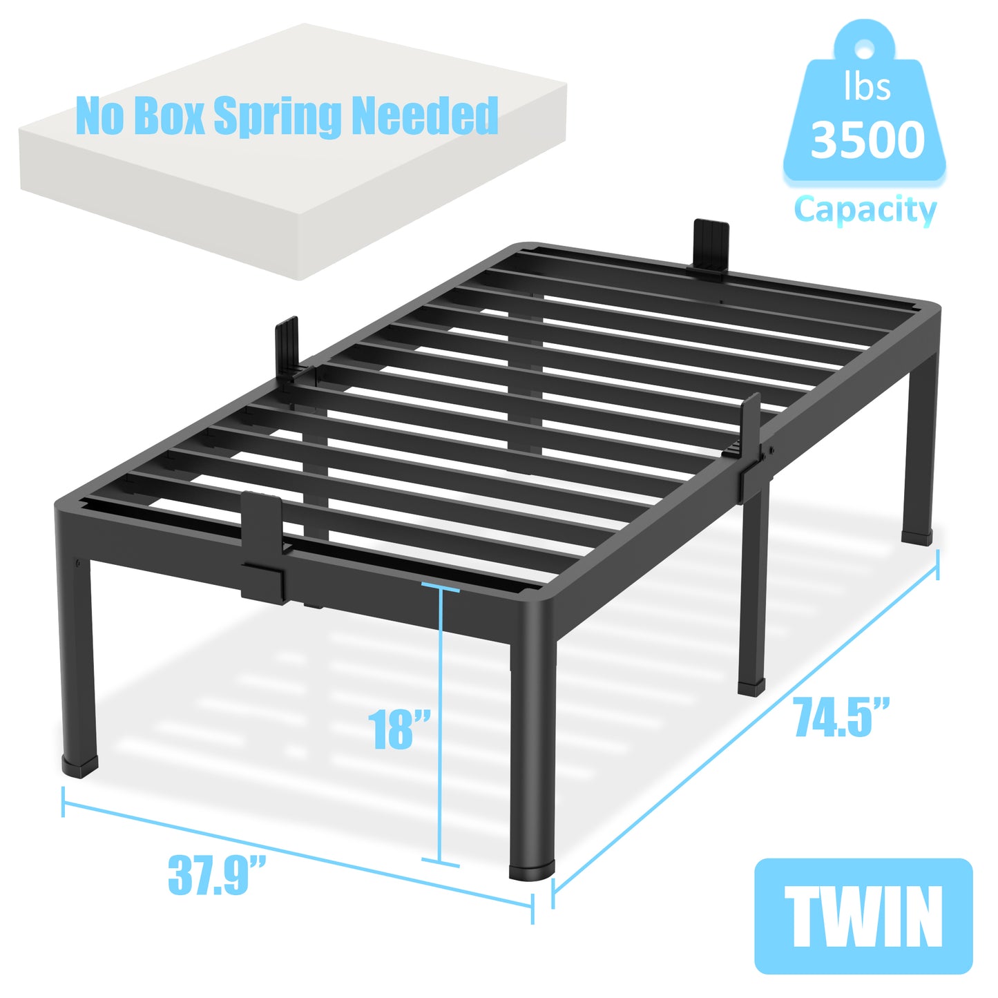 Twin Bed Frames with Round Corner Edge Legs, 14/18 Inch High 3500 lbs Heavy Duty Metal Platform Bed Frame Twin Size, No Box Spring Needed/Non-Slip/Steel Slat Support/Noise Free