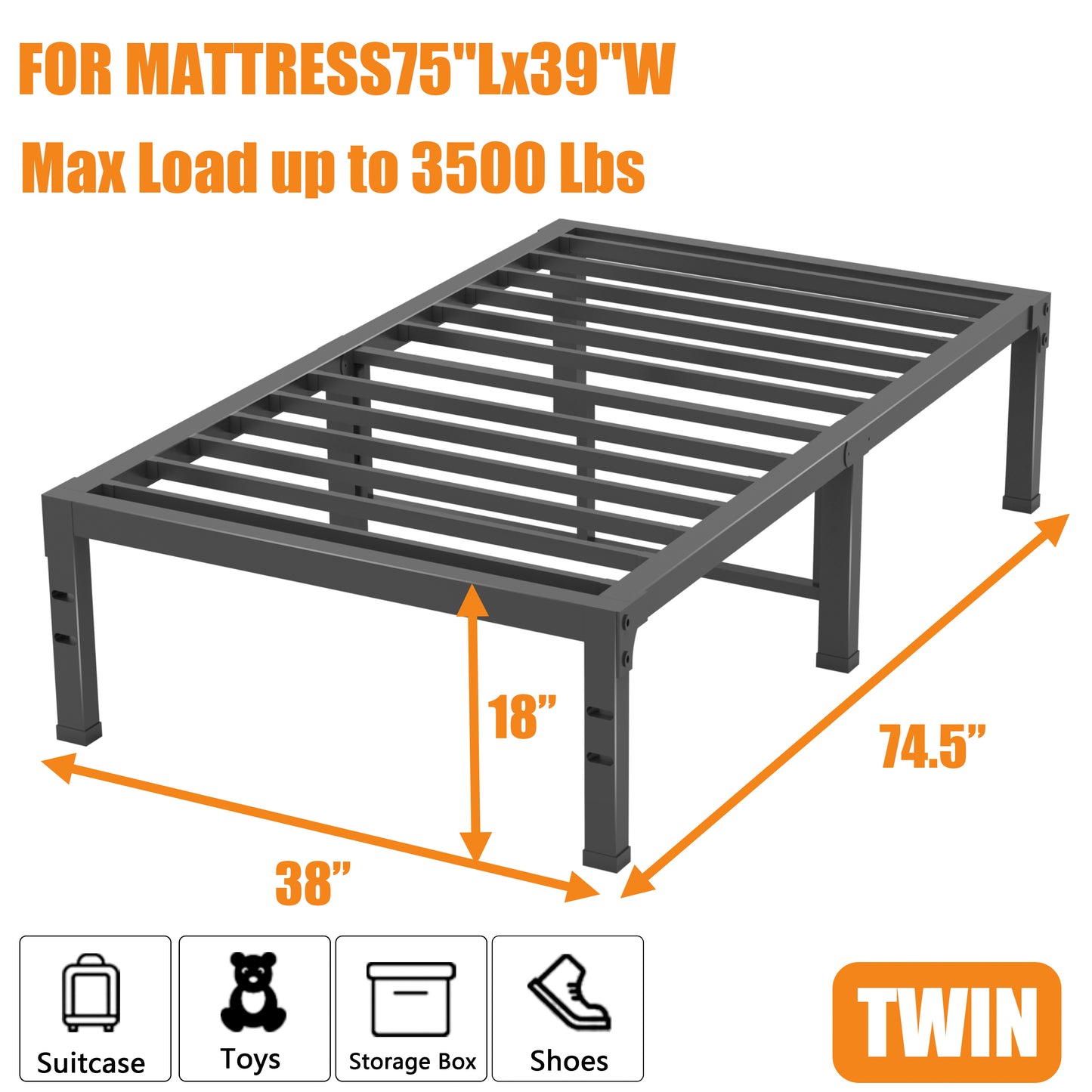 Twin Bed Frames, 14/18 Inch Heavy Duty Metal Platform Bed Frame Twin Size Support Up to 3500 lbs, No Box Spring Needed/No shaking/Steel Slat Support/Noise Free/Easy Assembly