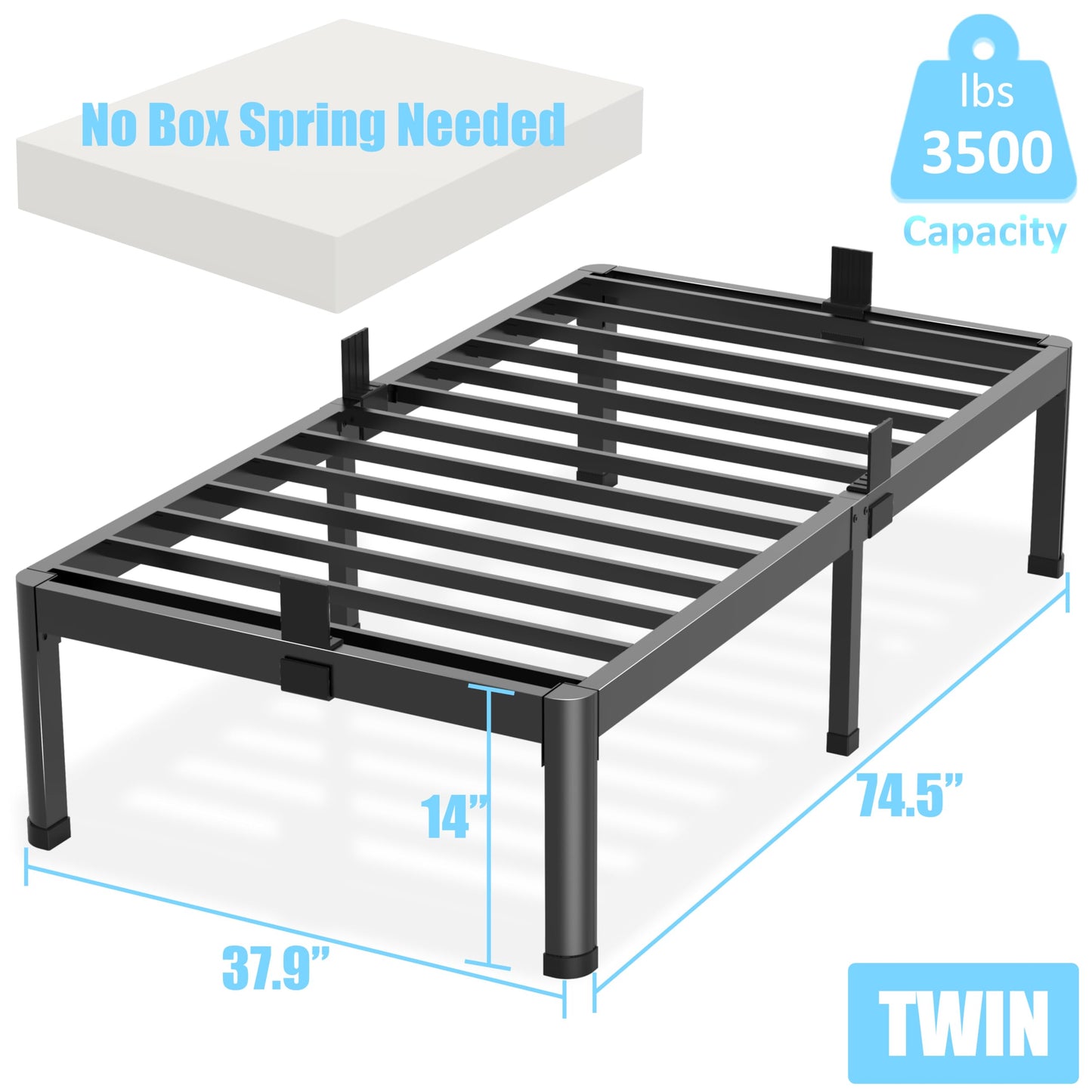 Twin Bed Frames with Round Corner Edge Legs, 14/18 Inch High 3500 lbs Heavy Duty Metal Platform Bed Frame Twin Size, No Box Spring Needed/Non-Slip/Steel Slat Support/Noise Free